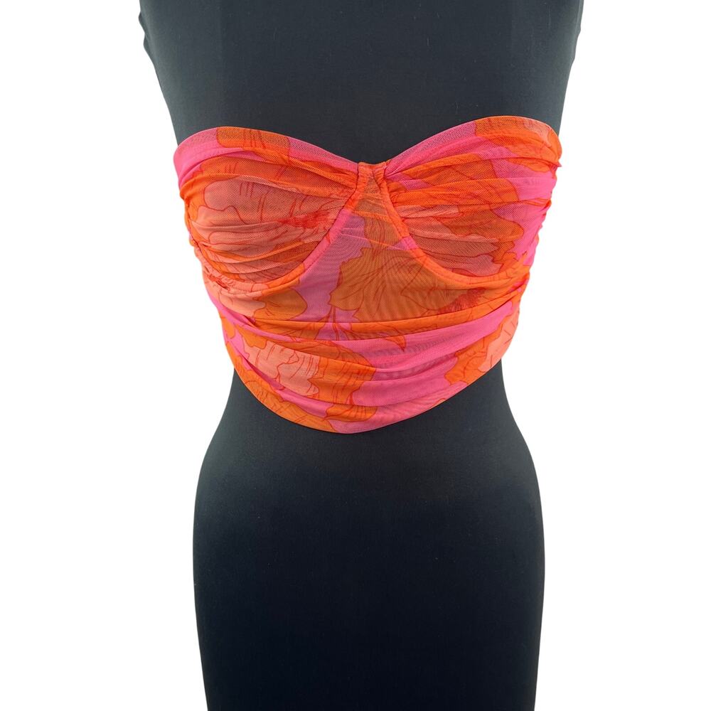 ZARA Tulle Corset Orange Pink Bandeau Crop Top Mesh Floral Sweetheart S Small